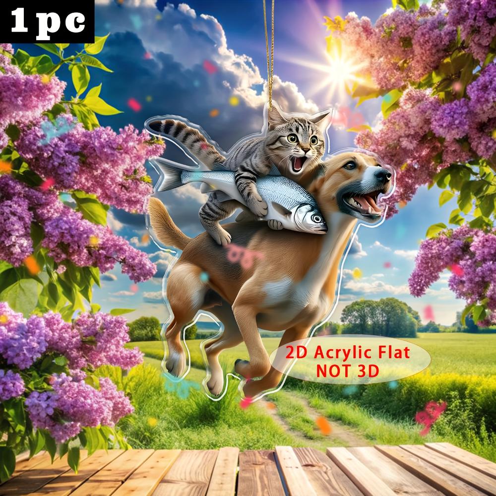 

2D плоский кристальный кулон кошка, едущая на собаке, едящей рыбу, брелок, подвеска для рюкзака, украшение для автомобиля, праздничный подарок Cat rides dog
