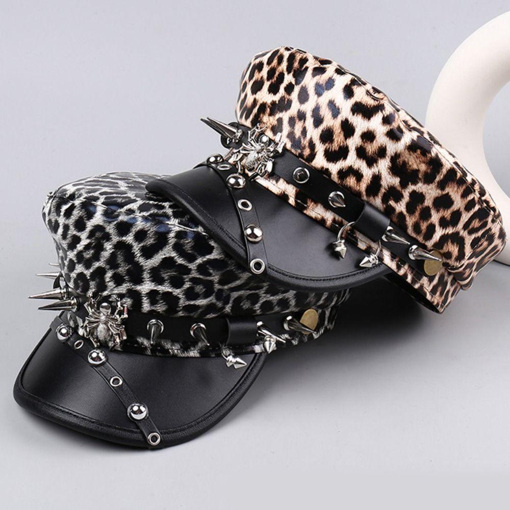 Hip-hop Y2k Beret Hat Harajuku Flat Top Cap Fashion Rivet Leopard Hat for Women