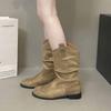 Cowhide Version Thick Heel Pleated Stacked Boots Women's Shoes New Autumn and Winter Western Thin and Thin