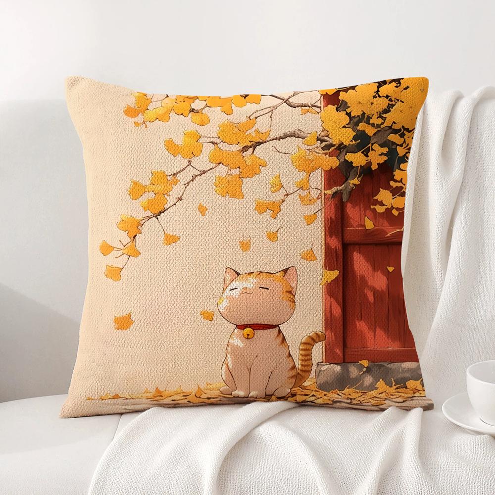 Autumn cats Cushion Cover Natural Linen Organic Fabric DoubleSided Printing Sofa Home Decor Breathable Bed Pillow