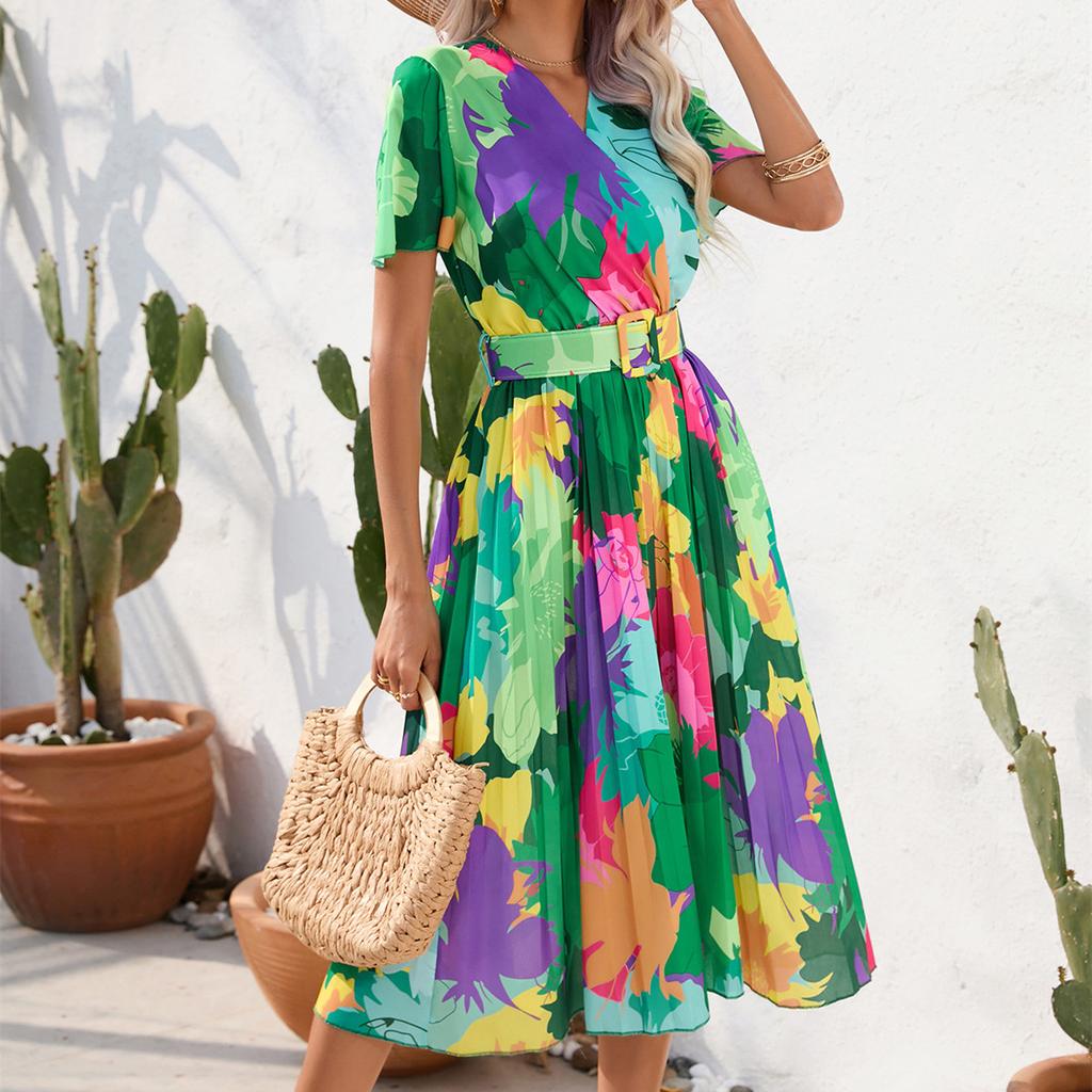 QICED Damenmode Sommer Frühling Blumendruck Kurzarm V-Ausschnitt Hohe Taille Freizeitkleider