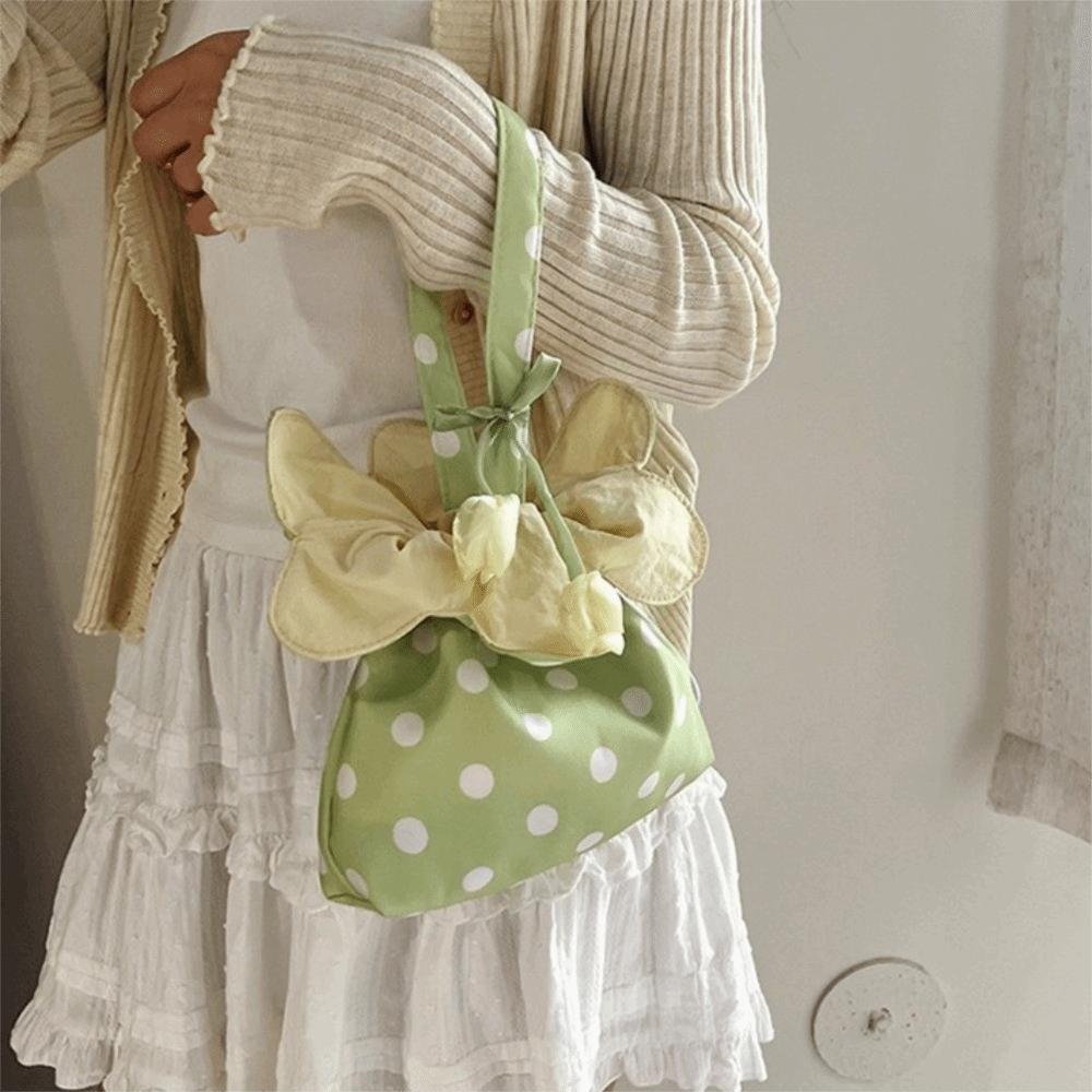 Floral Trim Polka Dot Flower Bag Flower Pendant Canvas Shoulder Bag Wrist Handbag Storage Bag