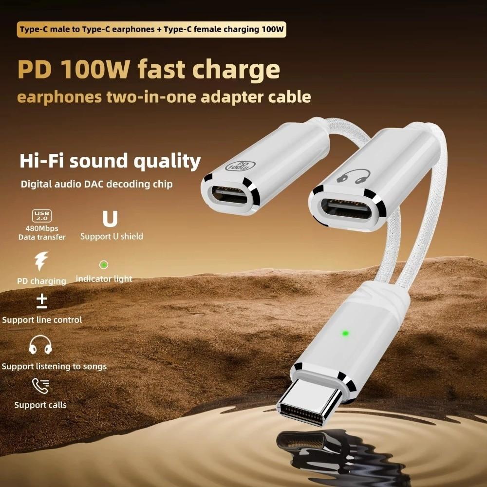 PD 100W Type C Splitter Audio Cable 2 In 1 Design 2-in-1 Headphone Adapter Cable Headphone Use