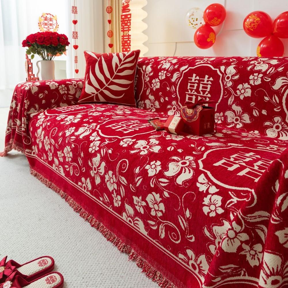 Chinese Wedding Sofa Cushion Cover Double Side Couch Cover Sofa Slipcover Universal Jubilant Anti-cat Sofa Cover 1.2.3.4 Seat