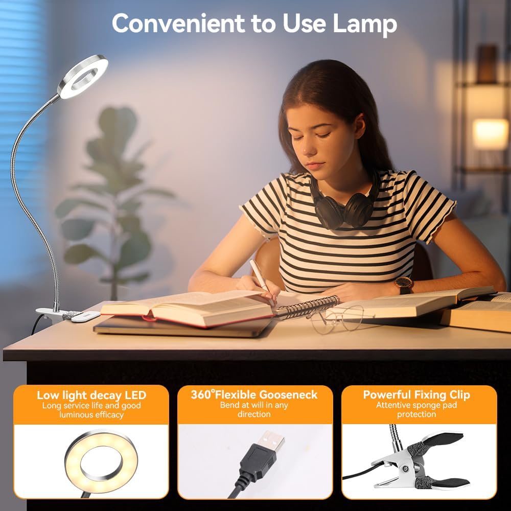 3 Color Modes 10 Brightness LED Reading Desk Lamp Usb Clamp Flexible Book Light Portable Read Light Desktop Light Night Light