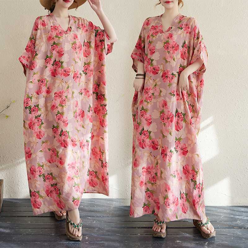 Summer Color Travel V-neck Retro Long Skirt Cotton Linen Dress