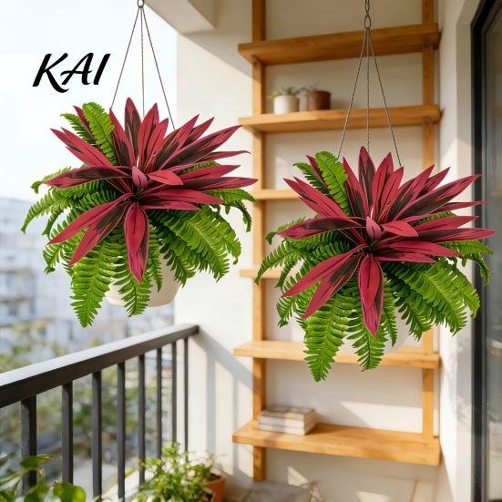 Faux Ferns for Wedding Backdrop UV-Resistant Artificial Fern And Red Dracaena Decorative Plants, Lifelike Full Lush Realistic Plastic Foliage