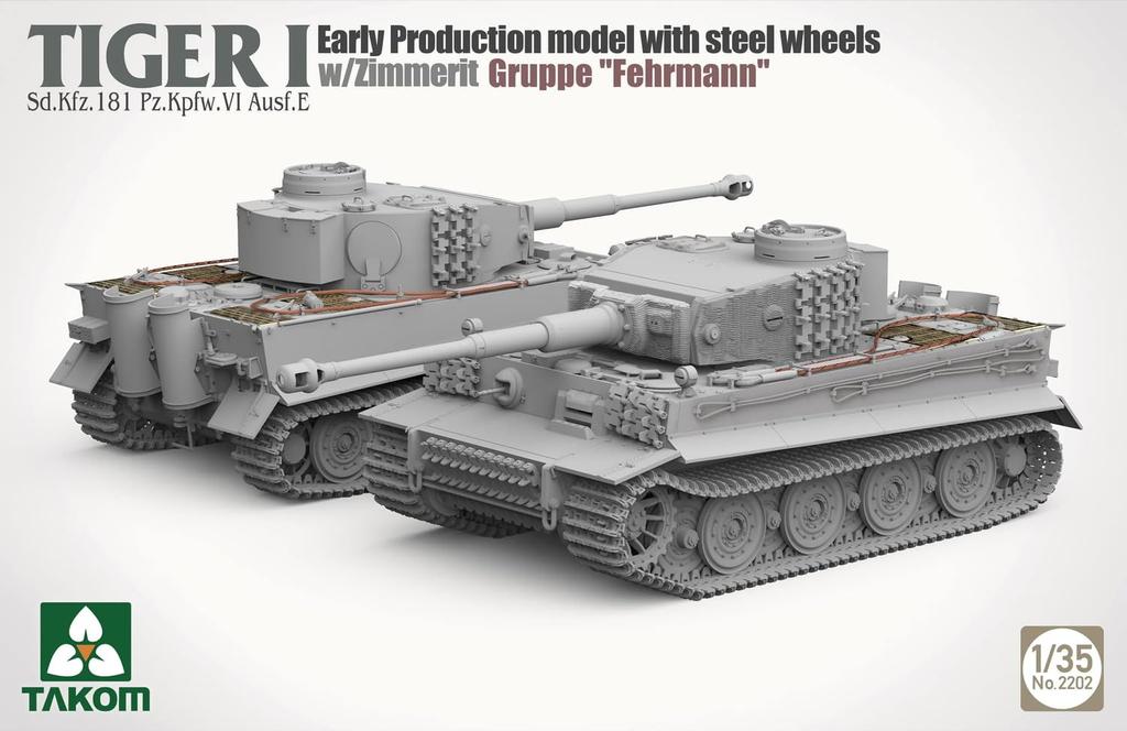 Takom 1/35 Sd.Kfz.181 Pz.Kpfw.6 Ausf.E Tiger 1 Wczesny Model Stalowe Koła z Powłoką Zimmerit, Zestaw Modelu Plastikowego Eskadry Fehrmann TKO2202