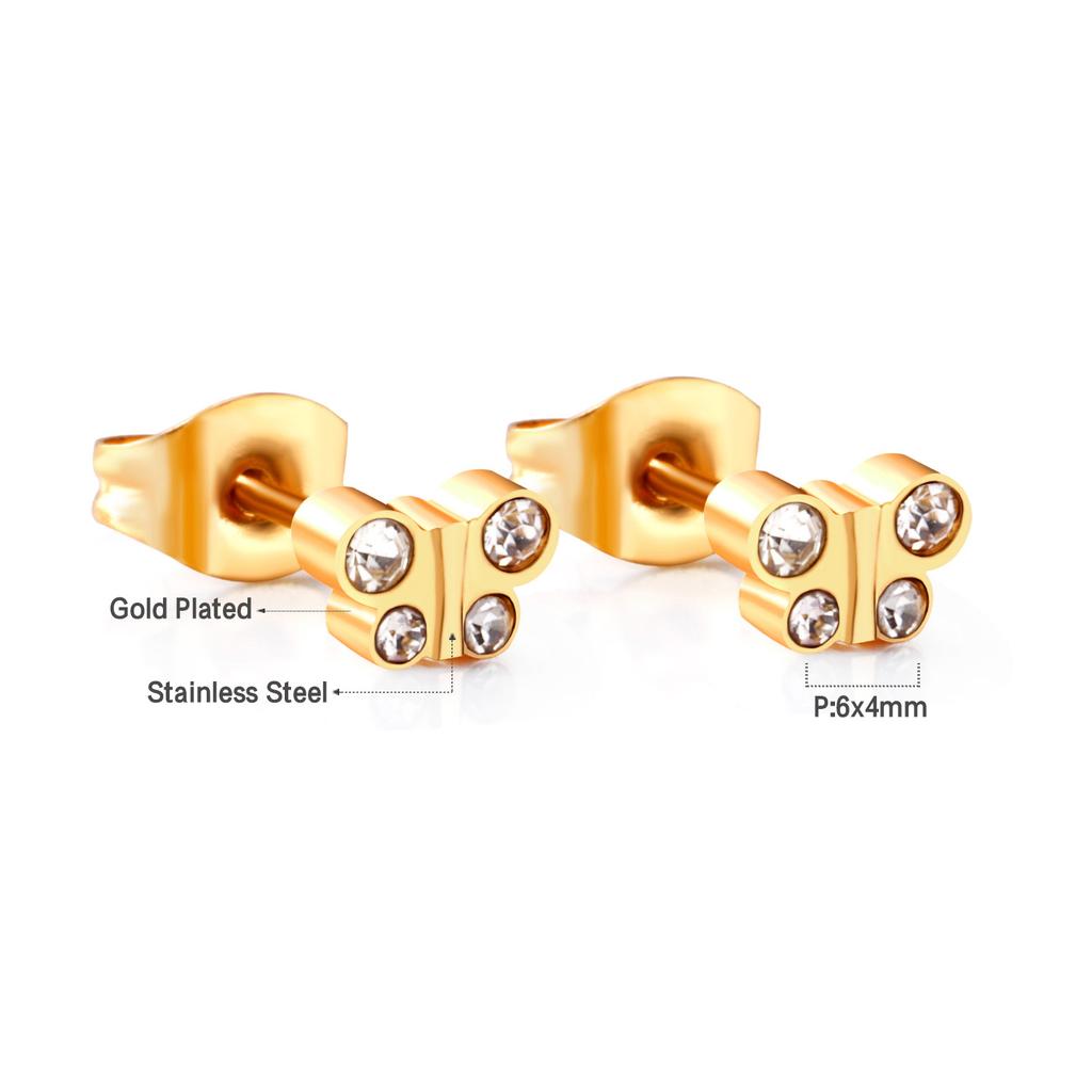 Small Butterfly Earrings with Shiny White Zirconia Tiny Delicate Studs for Girls Teenagers Surgical Steel PVD 18K Ears Jewelry