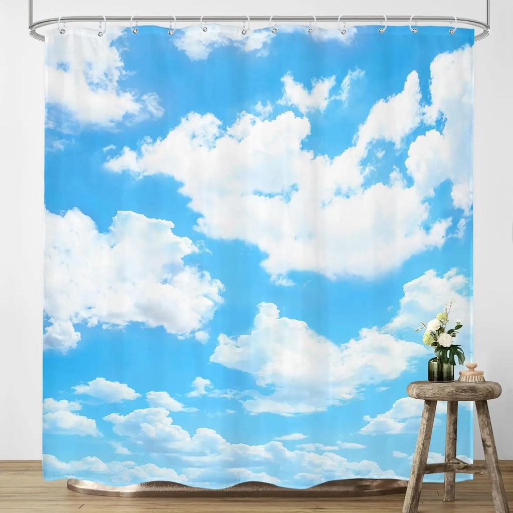 Blue Sky Background Cloud Shower Curtain Natural Landscape Waterproof Fabric Polyester Bathtub Decoration 12 Pack Hook
