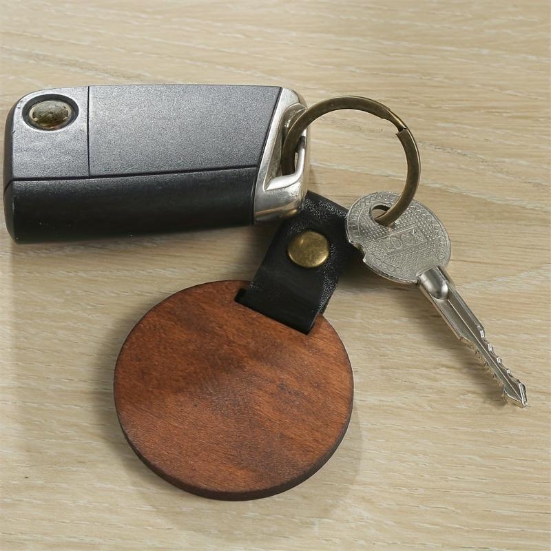 1pc Wood Square Tag Key Chains, Vintage Color Leather Round Keychain Accessories, Fashion Bag Pendant, Blank Wooden Card Keyring.