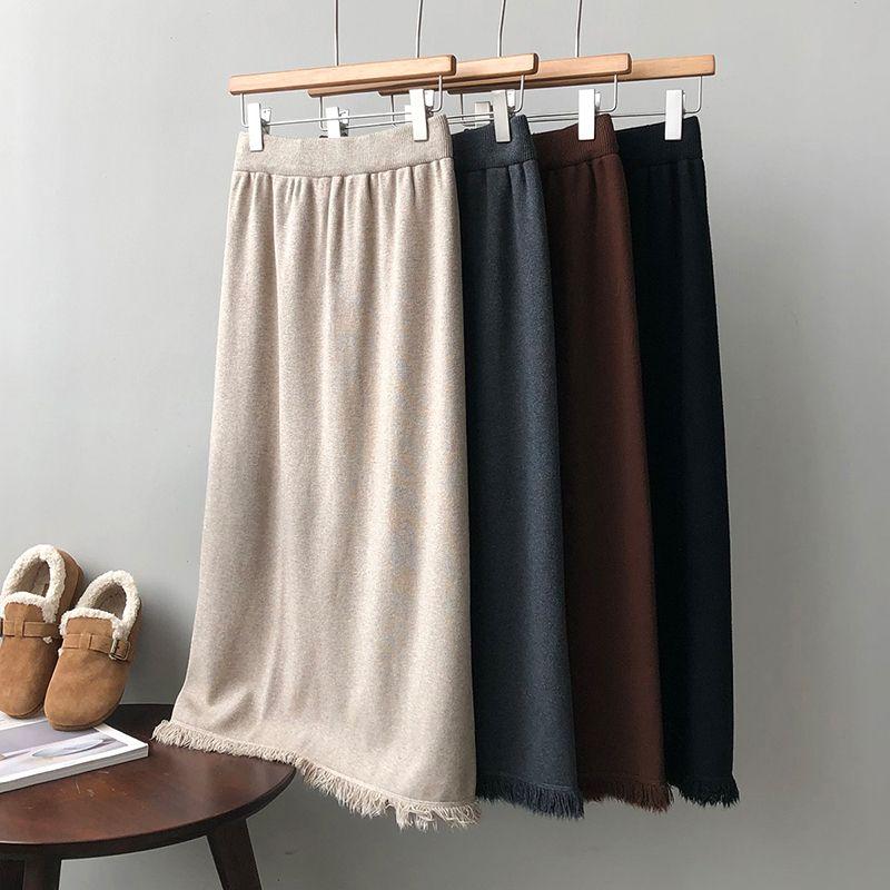 High-End Luxury Fringed Women's Knitted Midi Skirt Elegant Straight Bodycon Skirt High Waist
