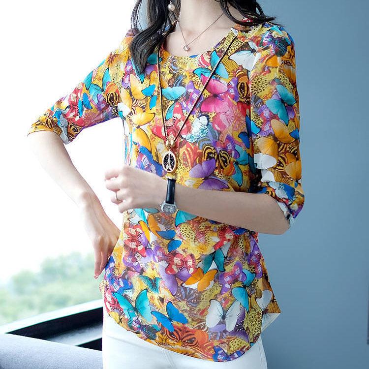 M-5XL Women's Spring and Summer Large Size Printing Tops Female Autumn Loose Casual Half Sleeve Blouses