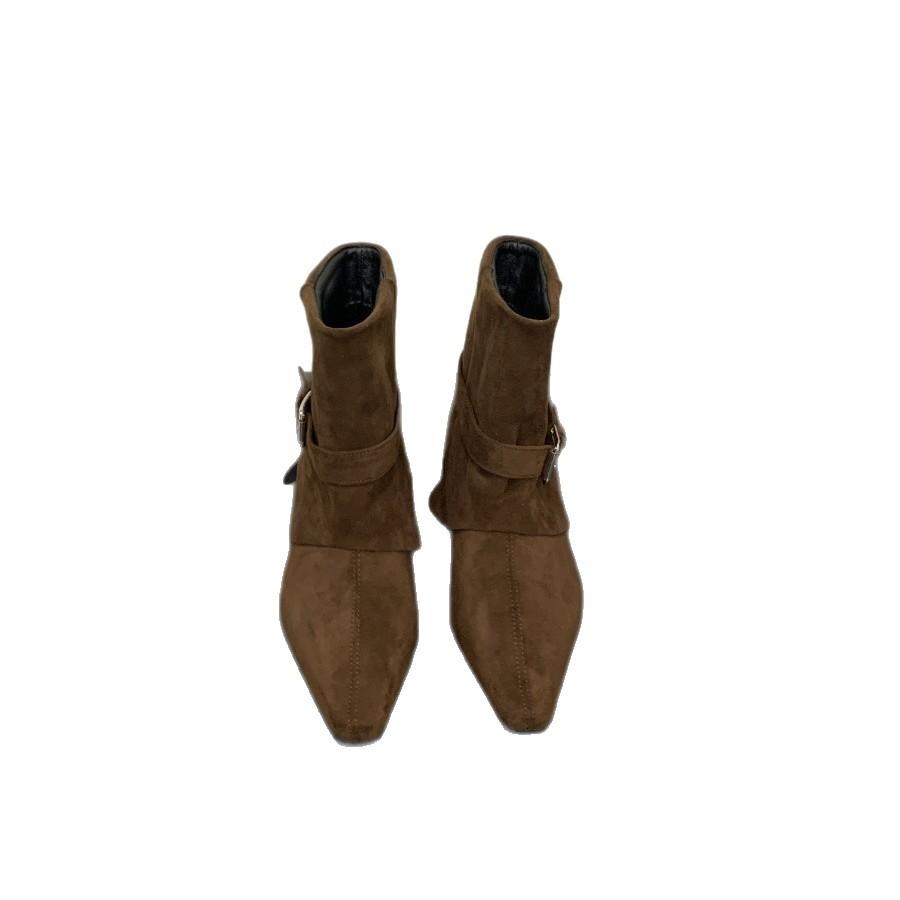Sudingjia Korean version of pointed suede belt buckle fashion boots for women's 2025 new thin inner height-increasing sleeve fashion boots