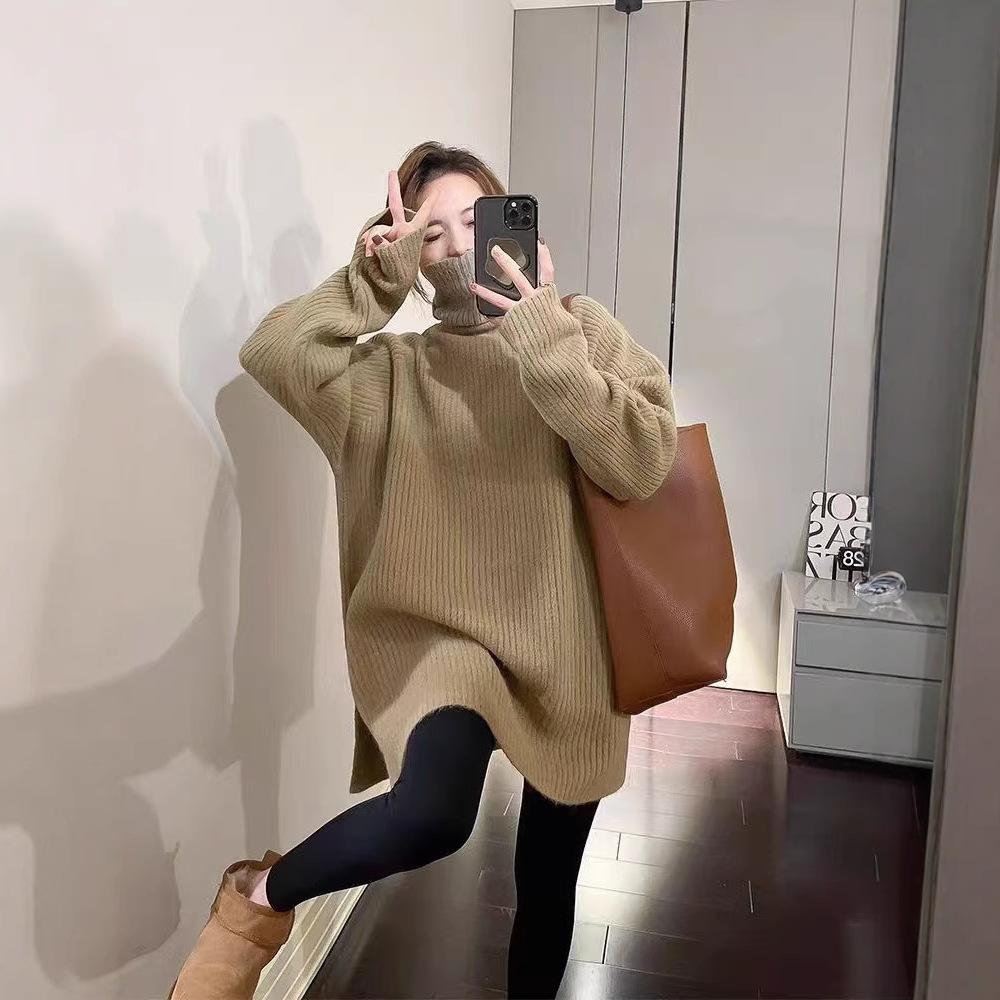 New solid color simple turtleneck hem slit thick pullover sweater for women, warm layered knit sweater
