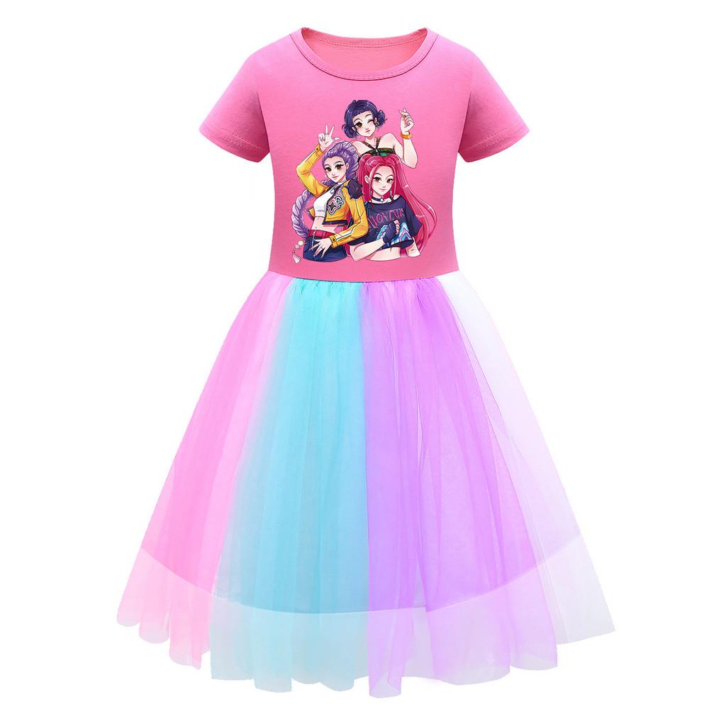 Kids Girls K-POP Rumi Zoey Mira Print Mesh Rainbow Round Neck Short Sleeves Casual Cotton Dress