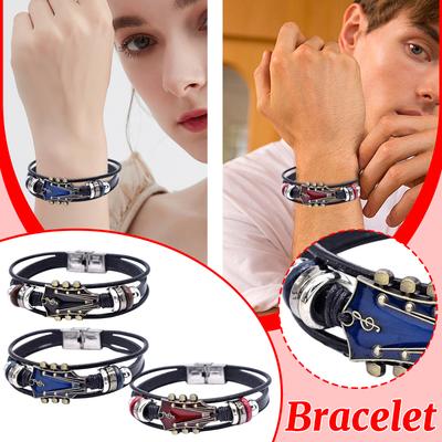Alloy Music Guitar Leather Bracelet With  Flag Colored Enamel Stainless Steel Buckle And Woven Leather Strap.