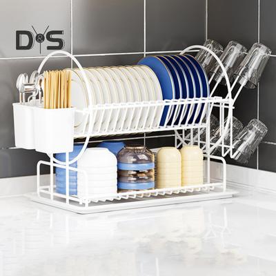Stainless Steel Dish Drying Rack 2 Tier Kitchen Storage Rack with Rust-Resistant Coating Large Utensil Holder Drainage System Dishes Cups Storage