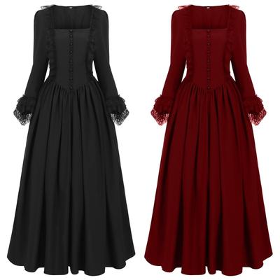 Women'S Medieval Victorian Dress Red Vintage Renaissance Court Lace Square Collar Long Sleeved Maxi Dresses Halloween Costumes