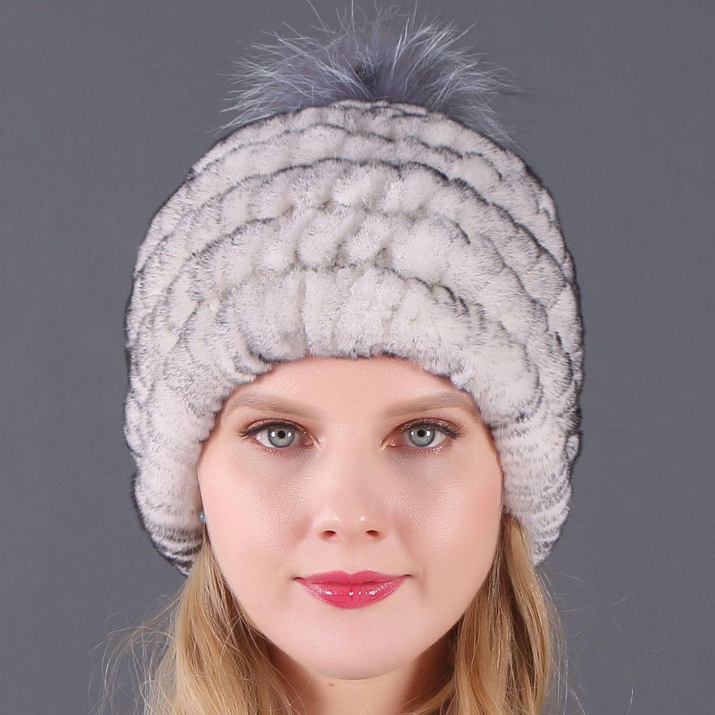 Women's Fur Hat with Rex Rabbit and Fox Fur Pompon for Autumn and Winter
