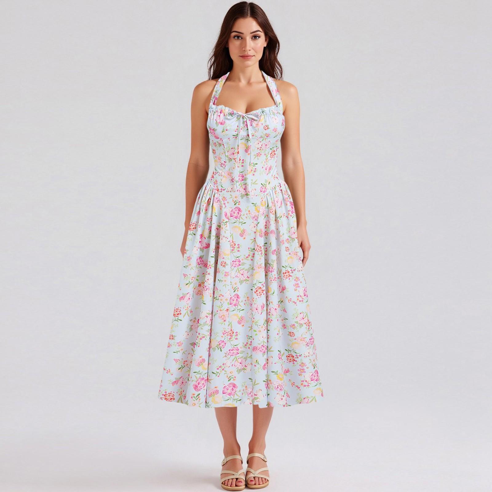 

Женское модное летнее платье с цветочным принтом в стиле бохо, без рукавов, на молнии, с кружевом M розовый