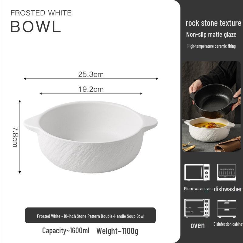 White Double-Ear Ceramic Soup Bowl, Large Noodle/Fish Basin, Anti-Scald, High-End Feel for Home Use
