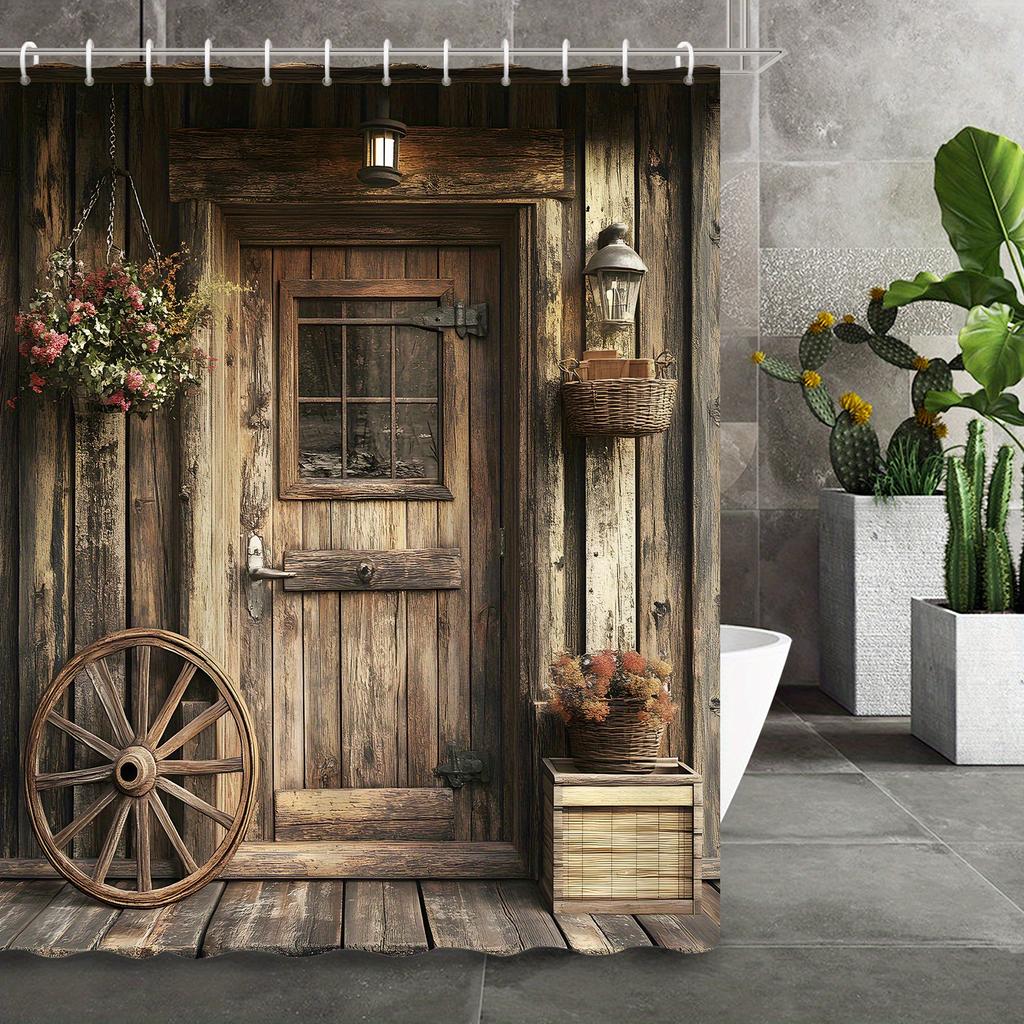 1PC Country Farmhouse Shower Curtain, Vintage Wooden Wheel & Barn Door Design, Pastoral Style, for Bathroom & Home Decor