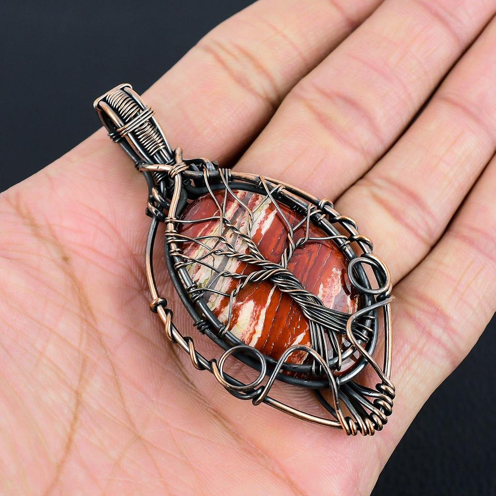 Tree Of Life Red Snake Skin/ Red River Jasper Gemstone Handmade Pure Copper Wire Wrapped Pendant Jewelry