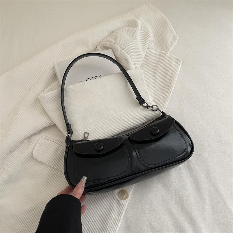 Vintage Double Pocket Design Shoulder Bags for Women Solid Color Ladies Pu Leather Underarm Bag Simple Portable Female Handbags