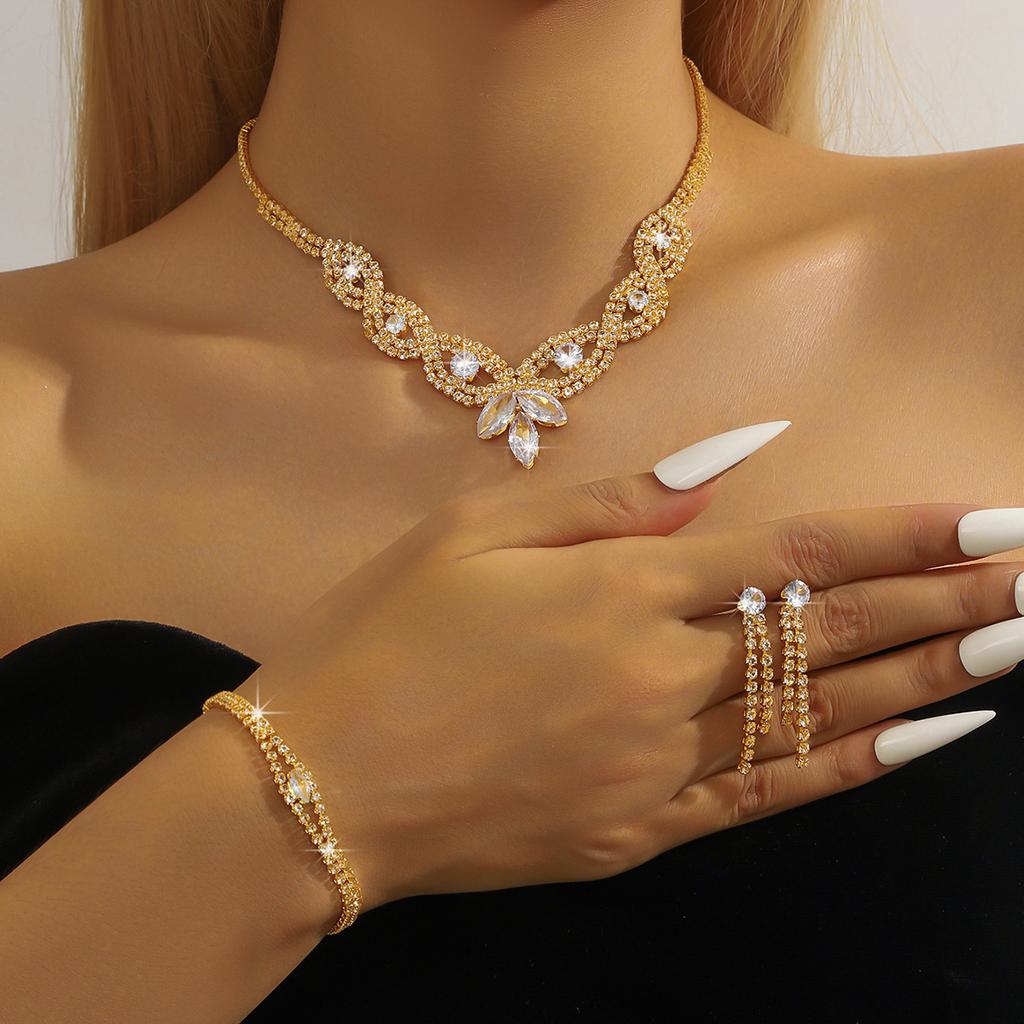 Popular Crystal Collarbone Chain Necklace Bracelet Full Diamond Bracelet Earrings Ring Set Women