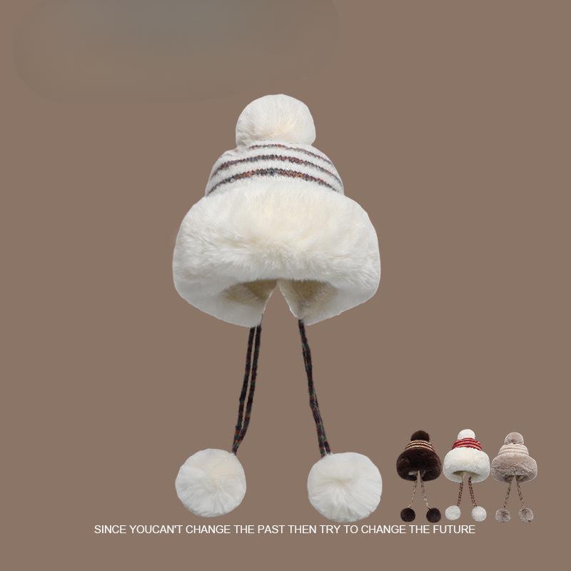 Women's Wool Hat In Autumn and Winter Cute Wool Ball Ear Protection New Plush Warm Lei Feng Hat Ball Lace Knitted Hat