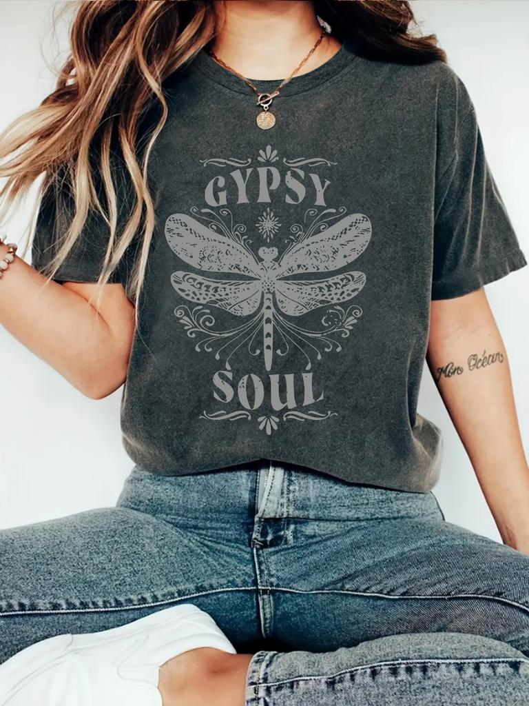 Women's New Cute Printed Short Sleeve Dragonfly Printed Round Neck Loose Short Sleeve