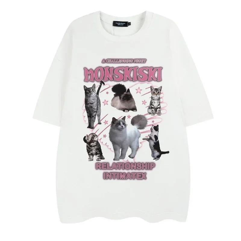 

harajuku funny Cartoon cat print tees women y2k tops summer casual oversized t shirt pure cotton T-shirts for women s streetwear M білий