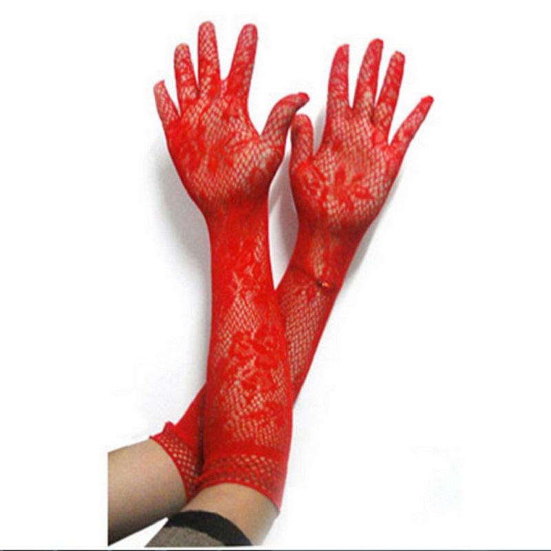 Ladies Sexy Transparent Mesh Floral Elastic Bride Long-sleeve Lace Gloves Gothic Punk Mittens Cosplay Fancy Dress Gloves
