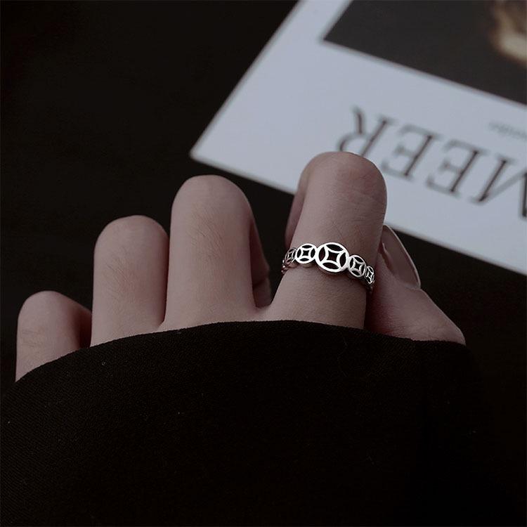 S925 Sterling Silver Retro Copper Coin Open Ring - Japanese Korean Style, Five Blessings, Oxidized Finish