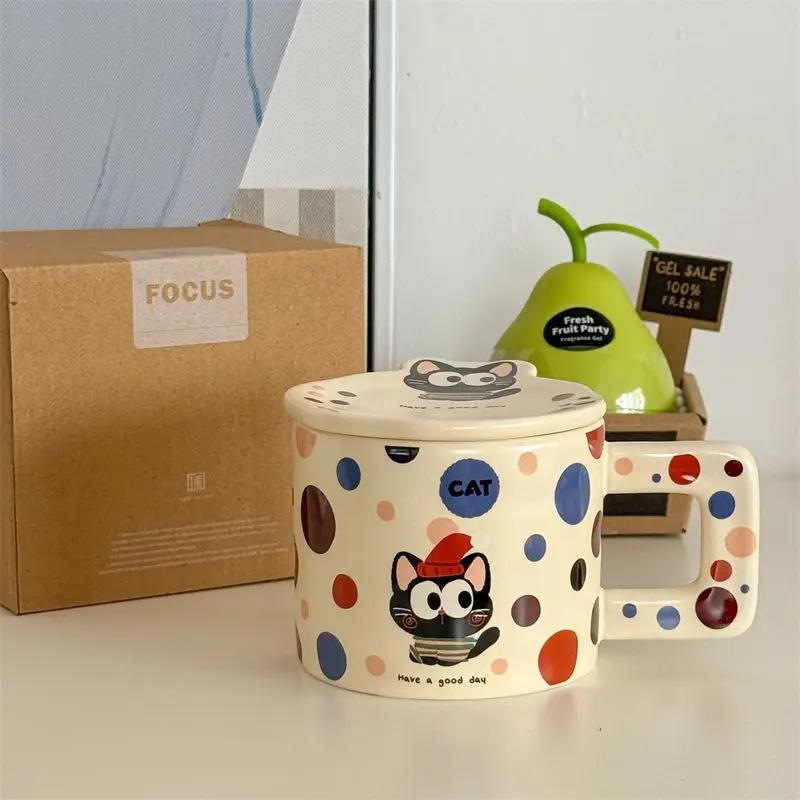 Cat Mug with Lid Polka Dot Ceramic Cup, Cartoon High-value Couple Water Cups Birthday Gift for Girls Birthday Present Drinkware