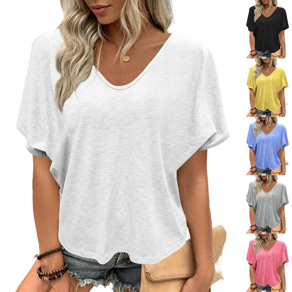 Loose Fit V Neck Short Sleeve T Shirt Casual Lightweight Wrinkled Texture Summer Top for Women Comfortable Everyday Wear