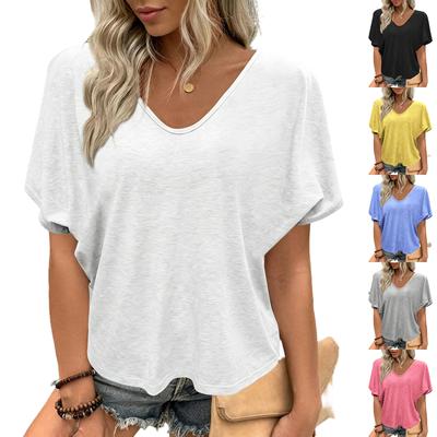 Loose Fit V Neck Short Sleeve T Shirt Casual Lightweight Wrinkled Texture Summer Top for Women Comfortable Everyday Wear