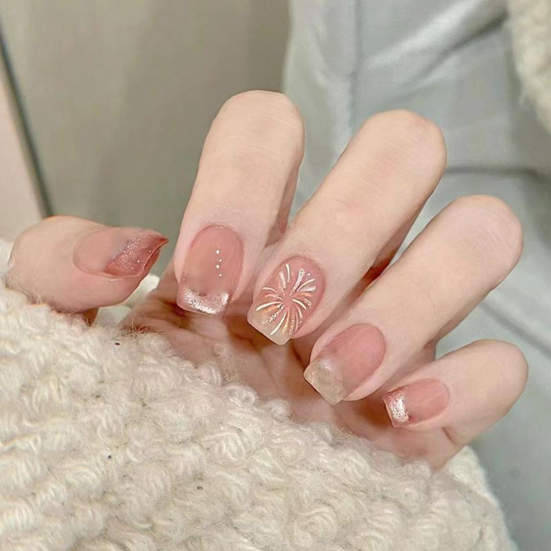 Cat's eye fireworks wearing nail removable piece nail piece patch short ballet French fake nail 24 pieces