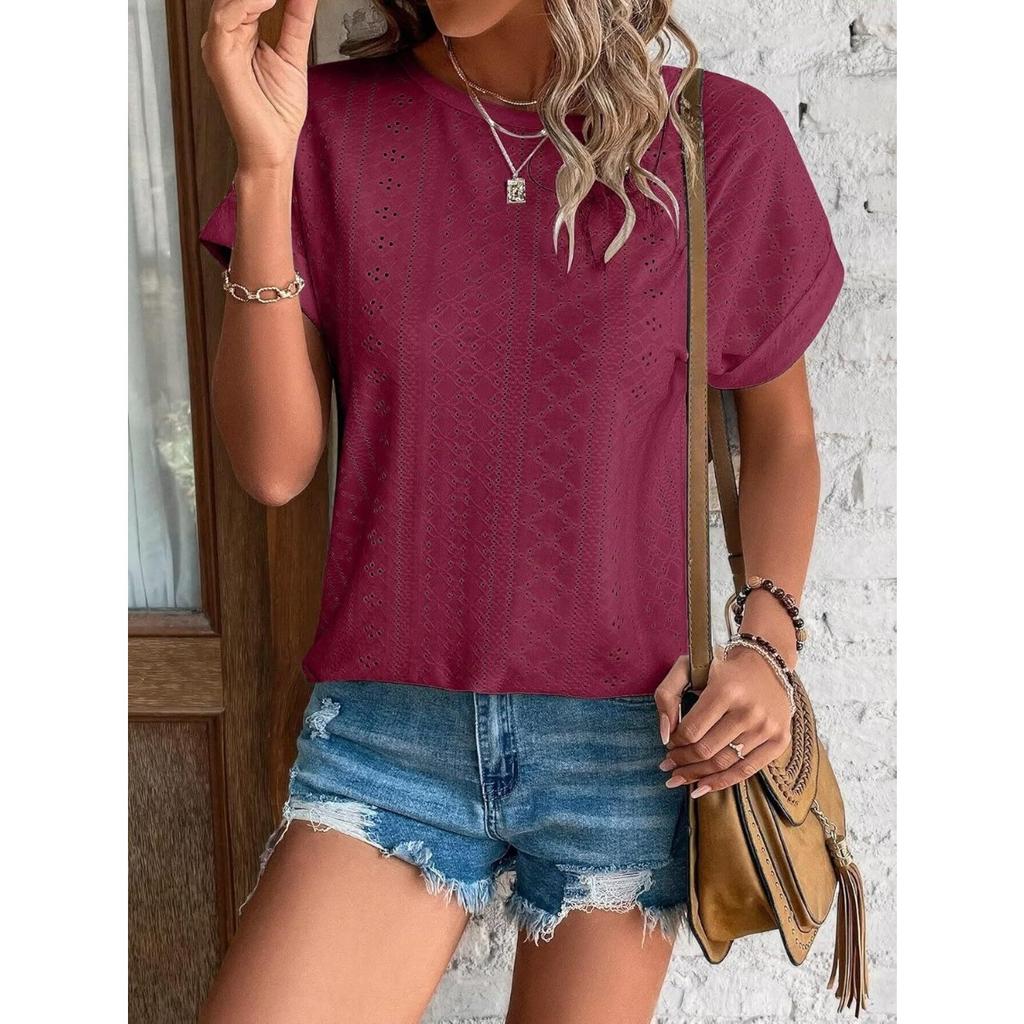 Top Eyelets Summer Spring Curved Hem, Casual Women's Short Sleeved Fashionable T-shirt Beach Vacation Short Style