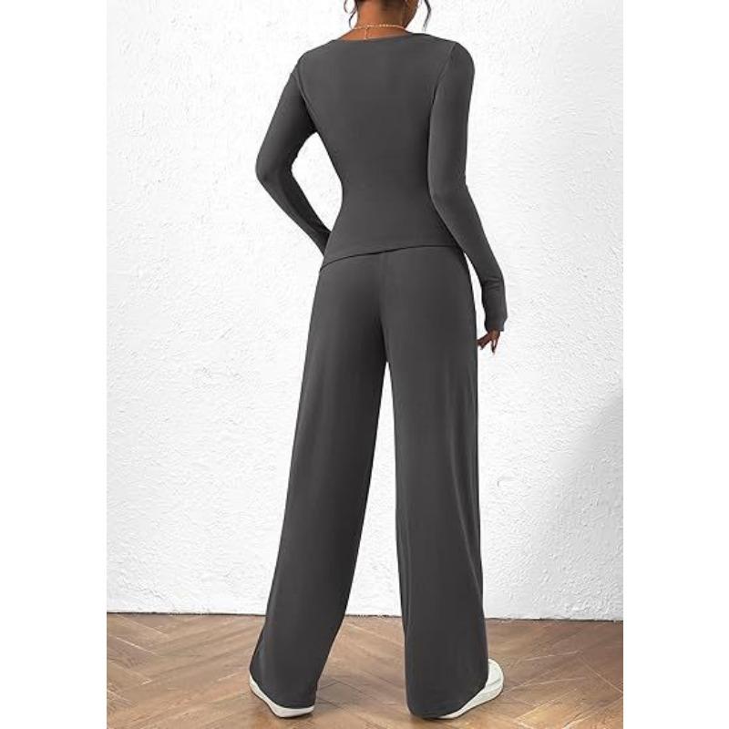 YYFS Pantaloni da donna alla moda casual primavera autunno tinta unita stampa manica lunga scollo a V pantaloni tuta