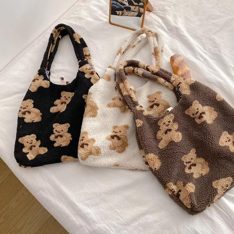 Damen-Umhängetasche aus Plüsch, warme Stoffhandtasche, weiche Canvas-Tragetasche, große Kapazität, Einkaufstaschen, süße Bären-Büchertaschen für Damen