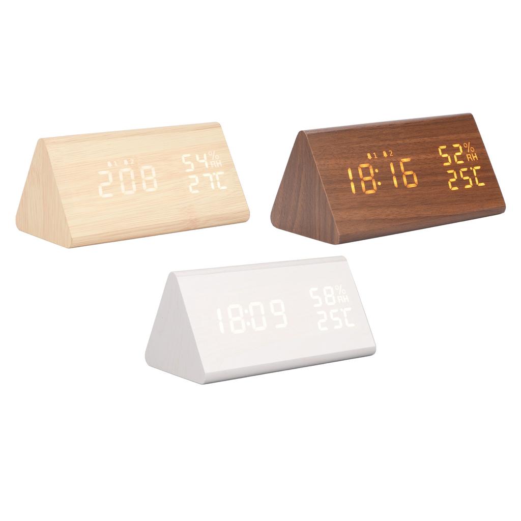 LED Digital Alarm Clock Multipurpose Wooden Clock with Voice Control Humidity Temperature Week Time 