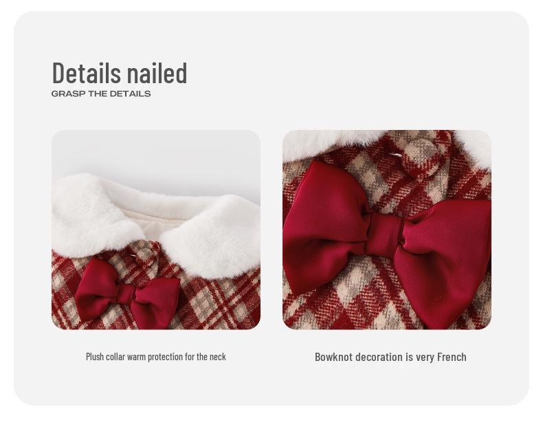 Girls' Red Woolen Jacket - Stylish Autumn/Winter Coat with Plus Velvet for Children