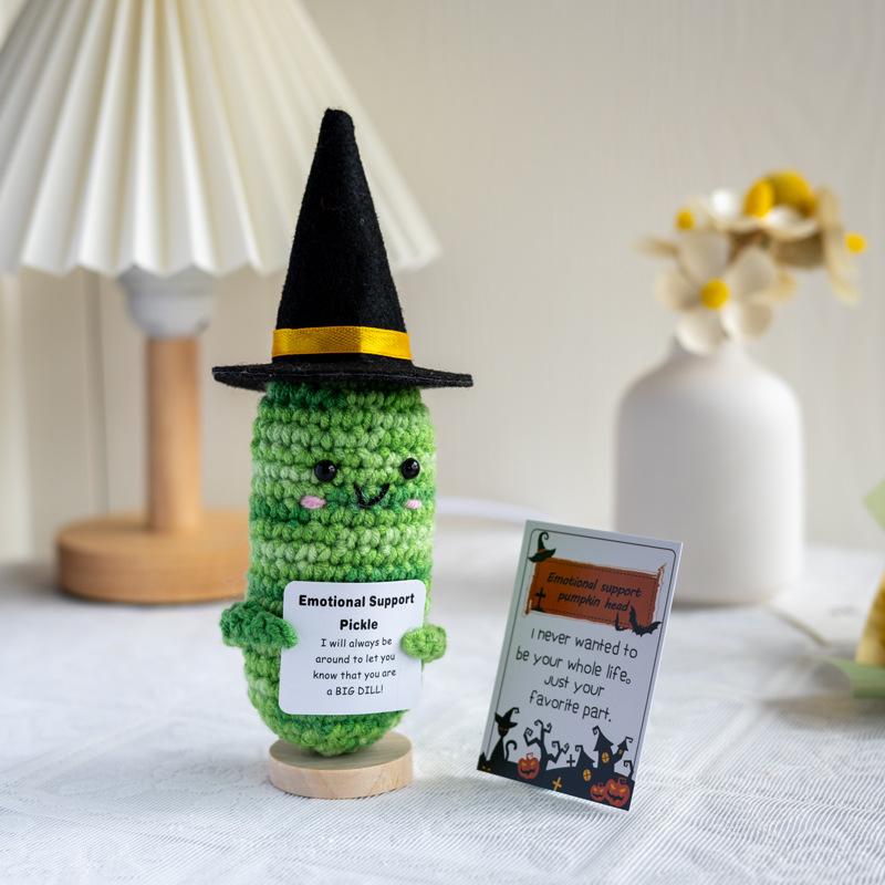 New Handmade Knitted Emotional Support Pickled Cucumber Halloween Home Decoration Crochet Positive Pumpkin Doll Christmas Gifts