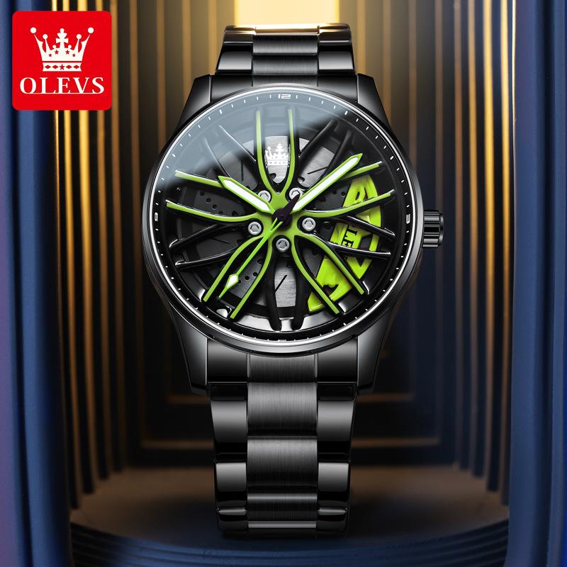 OLEVS Creative Wheel Men's Luxury Watch Waterproof Rotary Sport Car Rim Watch Luminous Fashion Quartz Wristwatches