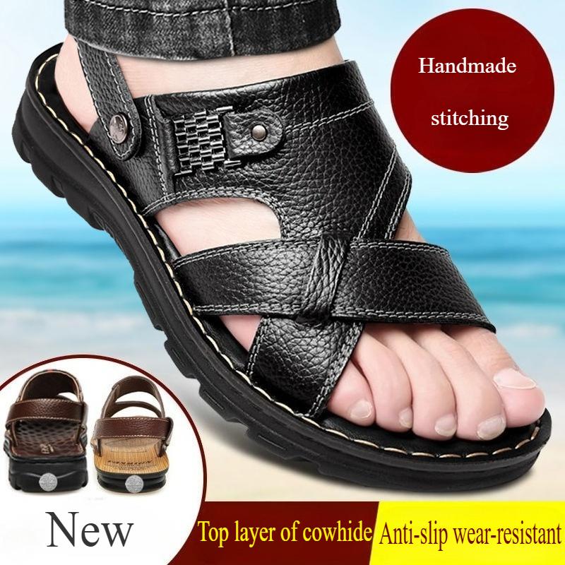 Summer Men Leather Sandals Genuine Leather Non-slip Men Shoes Slippers Outdoor Thick-soled Beach Shoes Comfor Soft Men Sandalias