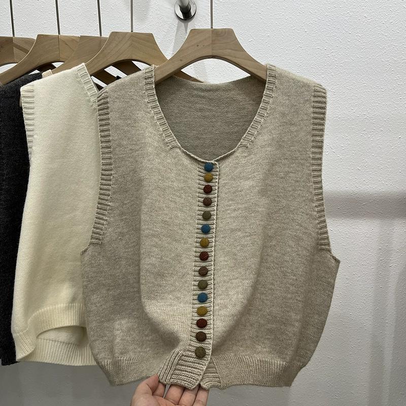 DIMANAF 2025 Autumn Women Sleeveless Vest Sweaters Knitting Colorful Buttons Oversize Casual Style Loose Sweater