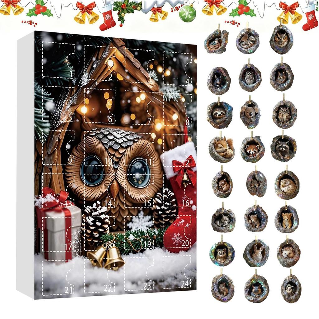 Animal Ornament Advent 2D Acrylic 24 Days Christmas Tree Hole Countdown Calendar Holiday Animal Pendant for Kids Boys Girls