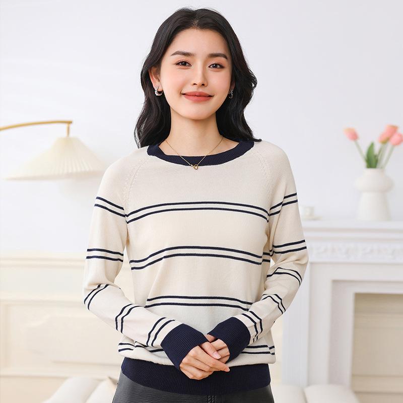 

Cotton Striped Women s Crew Neck Knitted Sweater Women s Spring and Autumn New Fashion Versatile Top Cotton Thread Temperament Bottoming Shirt XXL бежевый
